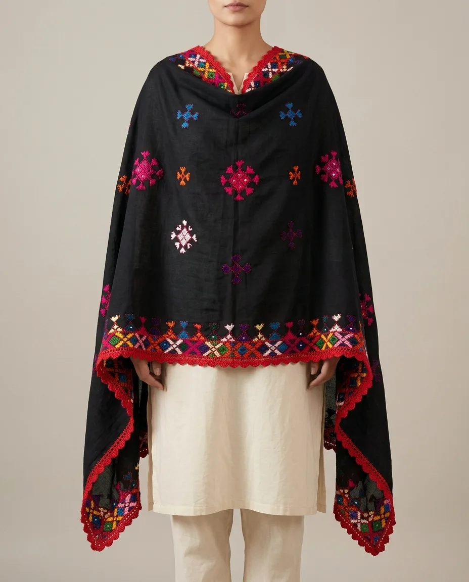 Midnight Bloom Hand-Embroidered Black Shawl