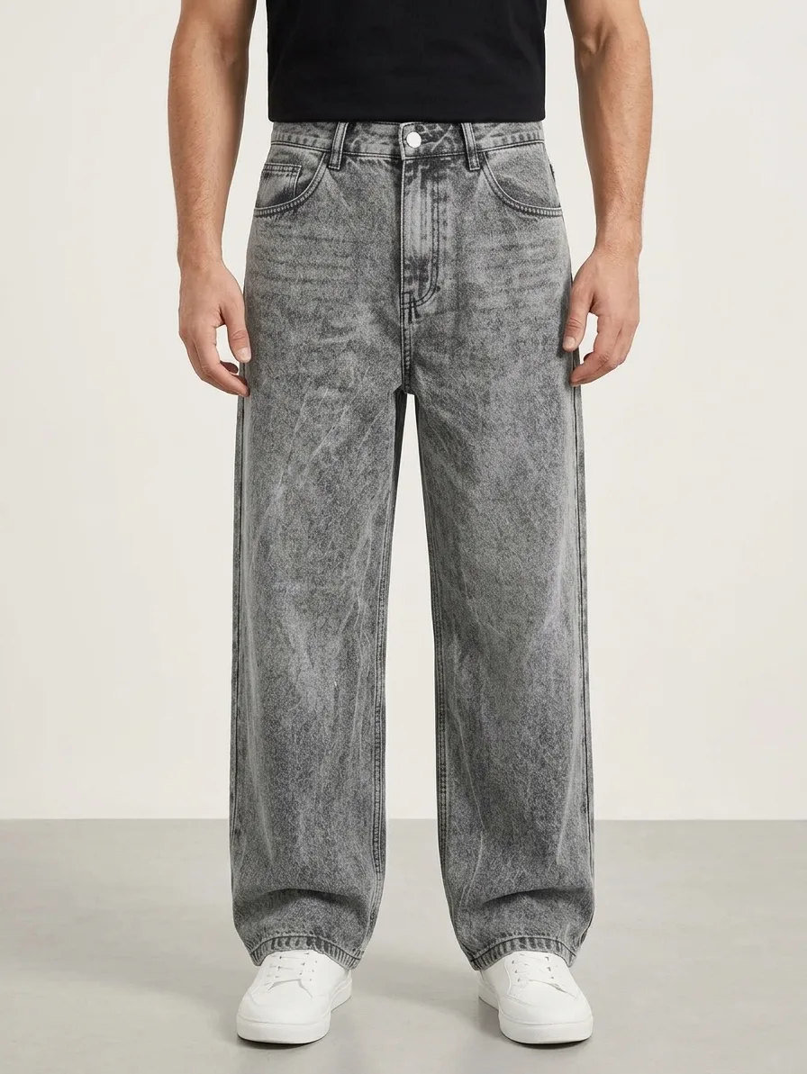Thrift Vibes Grey Acid-Wash Baggy Jeans