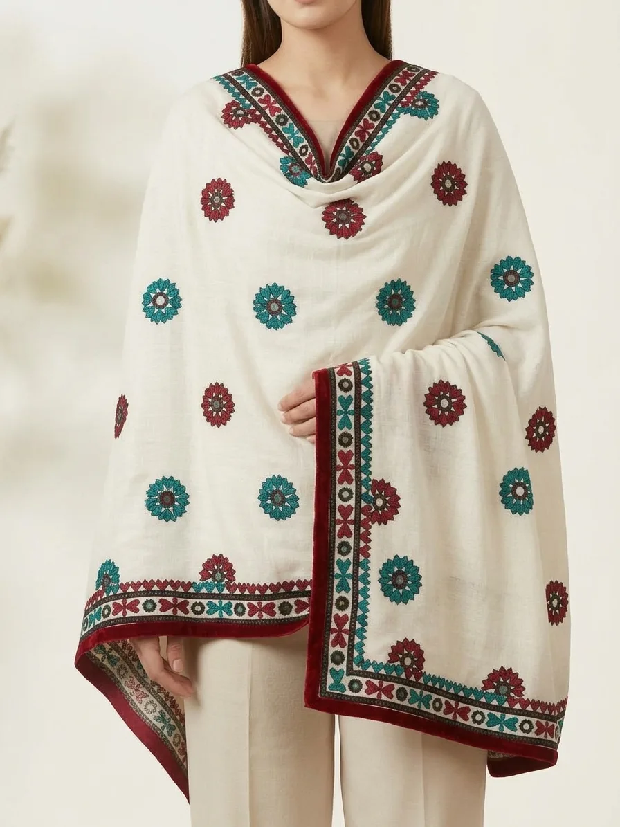 Crimson & Teal Mirror-Embroidered Shawl